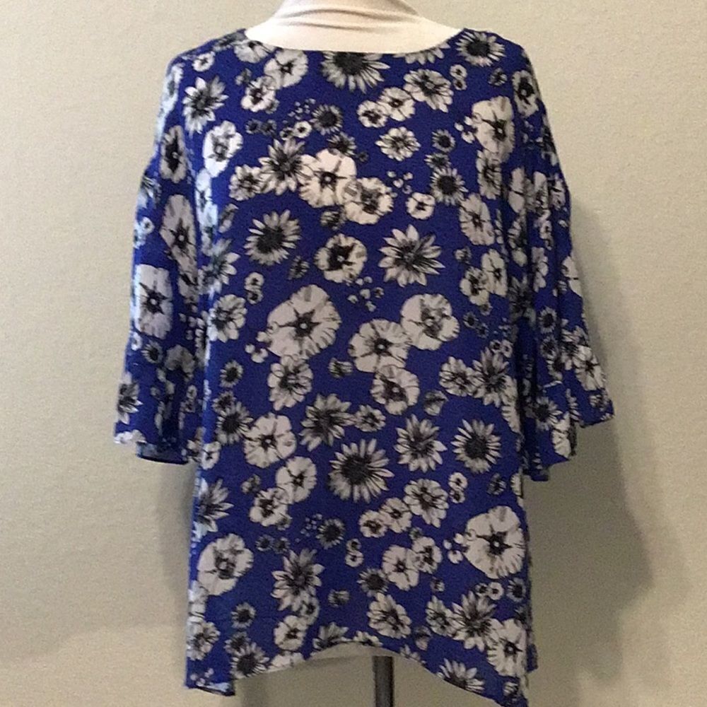 Sami & Jo Women’s Blouse Blue Daisy Floral Ruffle 3/4 Sleeve Top Slip On Size XL